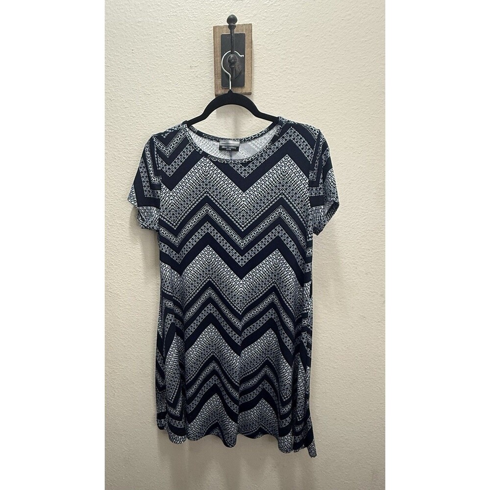 Allison Brittney Women's Dress Petite Medium Navy/White Geometric Short Sleeve
